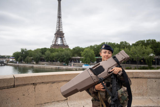 A member of Operation Sentinelle is seen on guard at the 