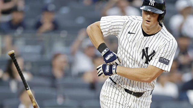 DJ LeMahieu #26 of the New York Yankees reacts after hitting a walk off single during the tenth inning against the Toronto Blue Jays at Yankee Stadium on August 4, 2024 in New York City. 