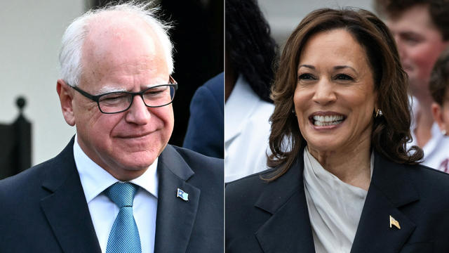 Side by side photos of Tim Walz and Kamala Harris 