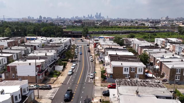 An aerial shot of a street in Philadelphia 