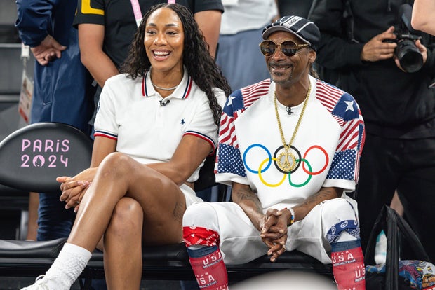 Snoop Dogg at a basketball game at the 2024 Paris Olympics