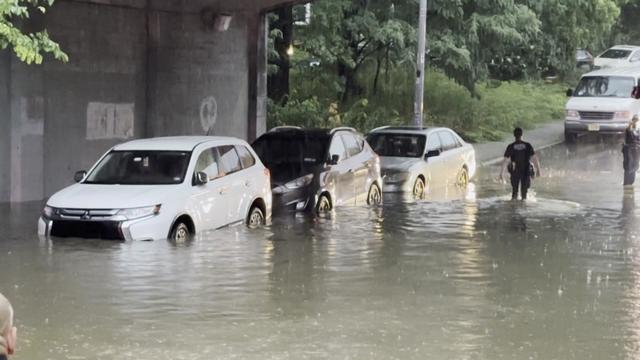 Three vehicles stalled in floodwaters on the Henry Hudson Parkway. 