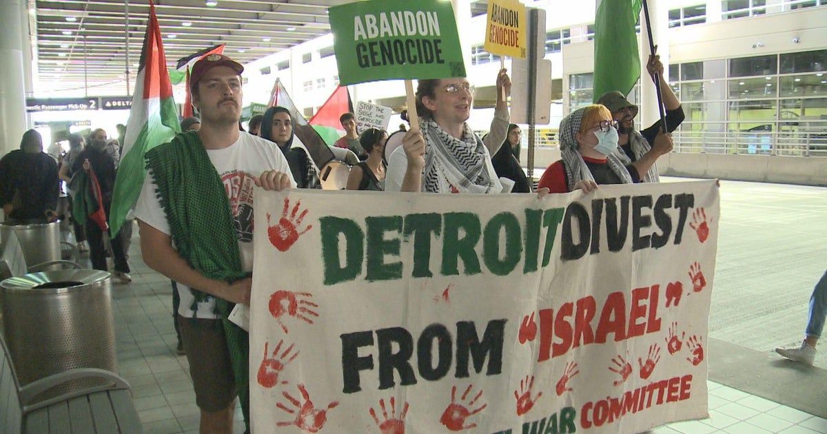 Pro-Palestinian protestors gather outside of Detroit Metro Airport amid Kamala Harris, Tim Walz campaign rally
