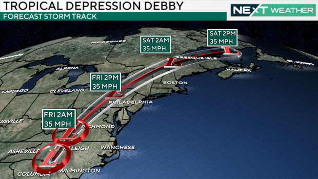 A map showing the track of Debby, as it moves north and east from North Carolina through New England. 