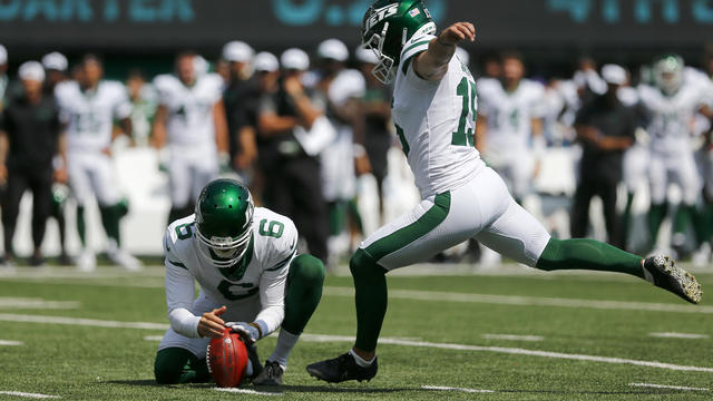 New York Jets kicker Austin Seibert makes a 37-yard field goal during the second half of an NFL preseason football game against the Washington Commanders Saturday, Aug. 10, 2024, in East Rutherford. N.J. 