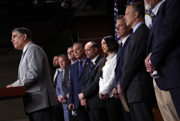 Rep. Andrew Clyde speaks alongside fellow Freedom Caucus members during a press conference on the government funding bill at the U.S. Capitol on March 22, 2024 in Washington, D.C.
