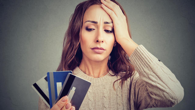 Desperate woman having loan credit card problems 