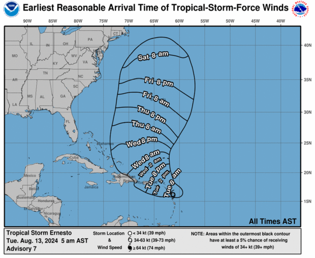 Maps show Tropical Storm Ernesto's path and forecast as it intensifies