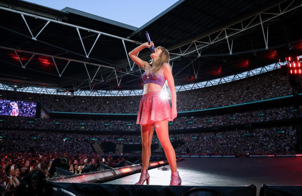 Taylor Swift performs onstage during her Eras Tour at Wembley Stadium on June 22, 2024, in London. 