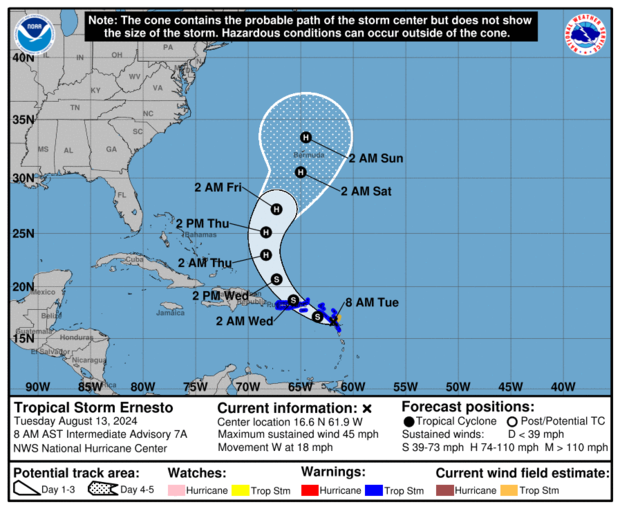 Maps show Tropical Storm Ernesto's path and forecast as it intensifies