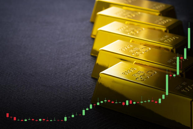 Gold Bars in a row with Doji candlestick chart bullish earnings 