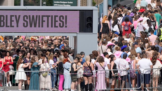 Fans gather for Taylor Swift's concert at Wembley Stadium, in London