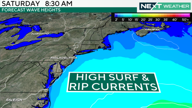 A weather map showing a risk of high surf and rip currents on Saturday on the East Coast 