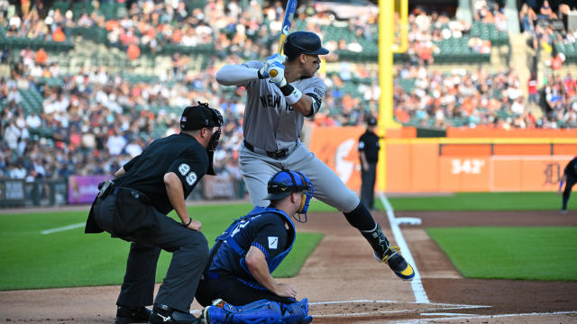 New York Yankees outfielder Aaron Judge (99) bats in the first inning during the Detroit Tigers versus the New York Yankees game on Friday August 16, 2024 at Comerica Park in Detroit, MI. 