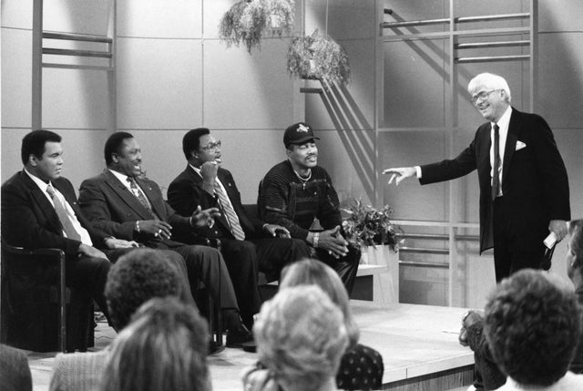 From left, Muhammad Ali, Joe Frazier, Larry Holmes and Ken Norton appear on the Phil Donahue show, Nov. 1, 1989, in New York.