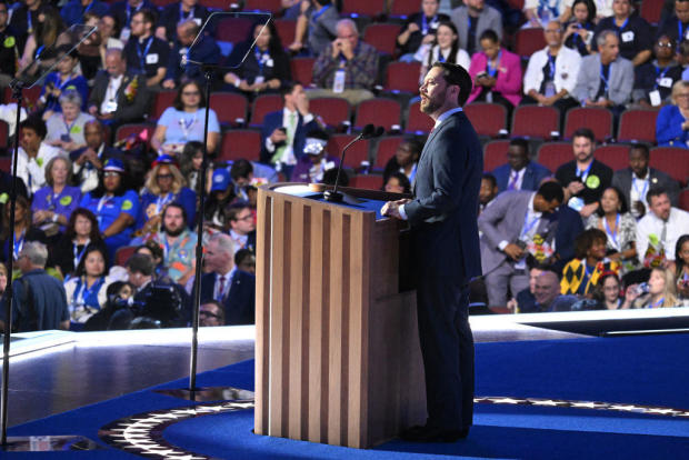 Former President Jimmy Carter's grandson Jason Carter speaks on the second day of the Democratic National Convention at the United Center in Chicago on Aug. 20, 2024. 