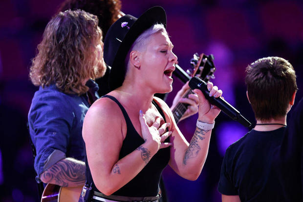 Pink rehearses ahead of the fourth and last day of the Democratic National Convention at the United Center in Chicago Aug. 22. 