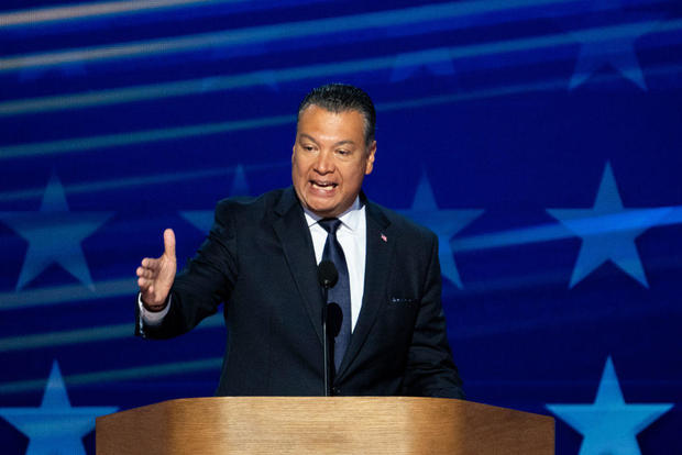 Sen. Alex Padilla speaks during the final night of the 2024 Democratic National Convention in Chicago on Thursday, Aug. 22, 2024. 