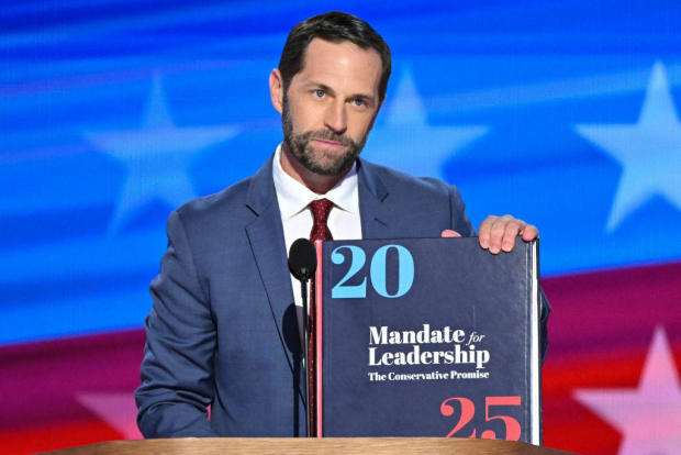 Rep. Jason Crow, Democrat from Colorado, speaks about Project 2025 at the Democratic National Convention at the United Center in Chicago on Aug. 22, 2024. 