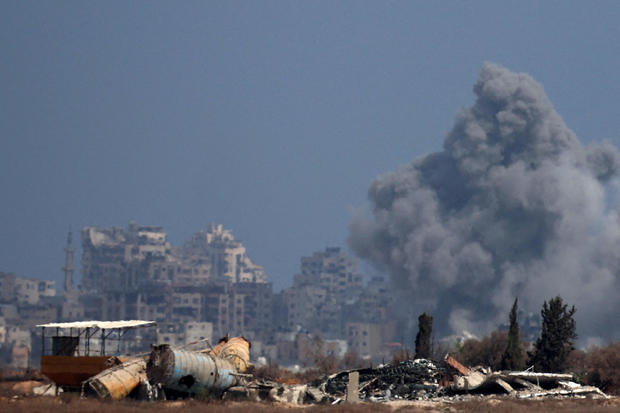 Smoke rises from an explosion in Gaza, amid the Israel-Hamas conflict, as seen from Israel 