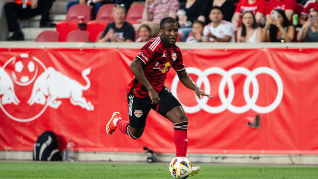 Elias Manoel #11 of the New York Red Bulls advances the ball during the first half against FC Cincinnati at Red Bull Arena on July 20, 2024 in Harrison, New Jersey. 