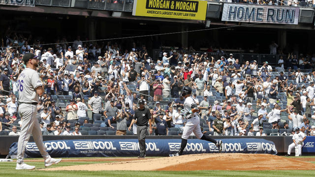 Aaron Judge #99 of the New York Yankees runs the bases after his first inning two run home run against Austin Gomber #26 of the Colorado Rockies at Yankee Stadium on August 25, 2024 in New York City. The home run was Judge's 50th of the season. 