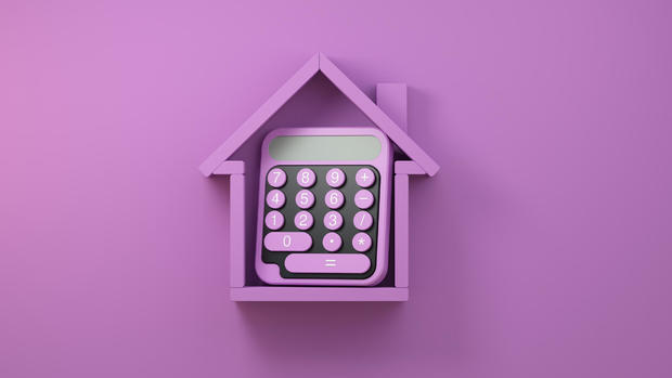 House symbol with calculator, real estate purchase, cost, investment concept. 3D illustration render. 