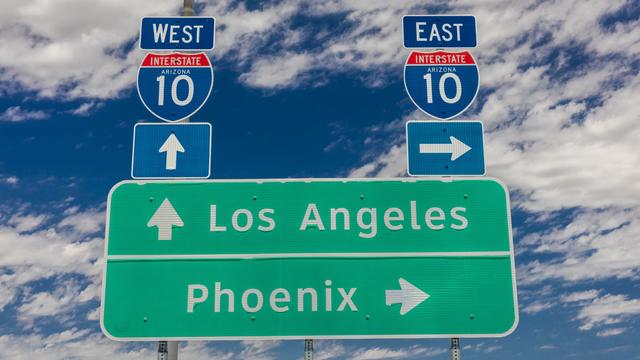 Interstate 10 highway signs to and from Phoenix and Los Angeles, California 