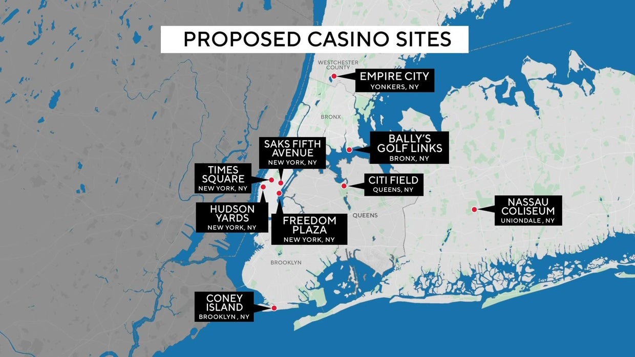 A map of proposed casino sites around the New York City area.