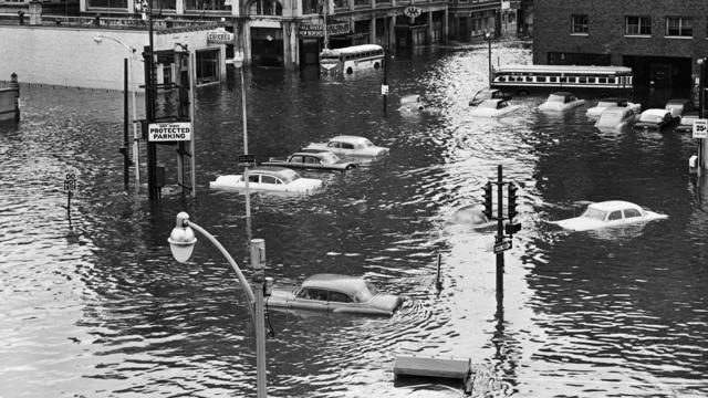 Flooded Providence Street with Cars 