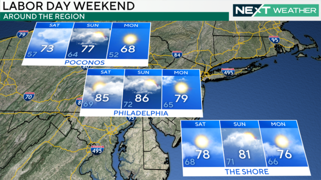 A graphic showing that temps will range from the 70s to the 80s across the region this weekend 