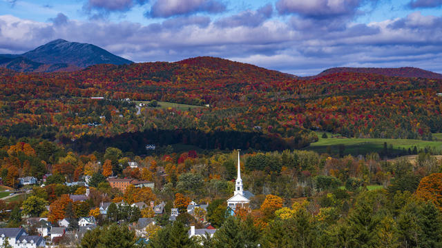 Elevated view of picture perfect Stowe Vermont in Autumn Color 