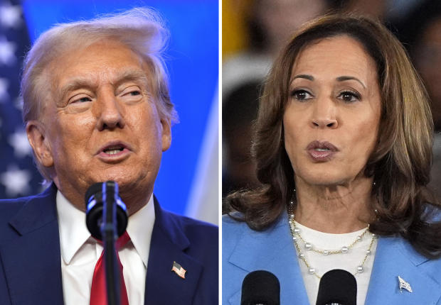 This combination photo shows former President Donald Trump at an event in New Jersey on Aug. 15, 2024, and Vice President Kamala Harris at a campaign event in North Carolina on Aug. 16, 2024. 