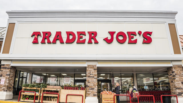 Trader Joes grocery store entrance with sign 