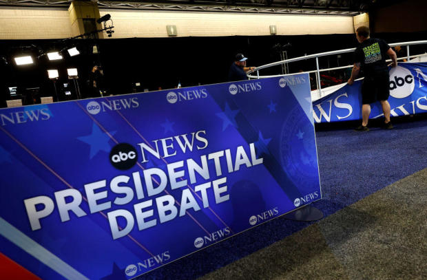 Final preparations are made in the spin room prior to the ABC News presidential debate on Sept. 9, 2024, at the National Constitution Center in Philadelphia. 