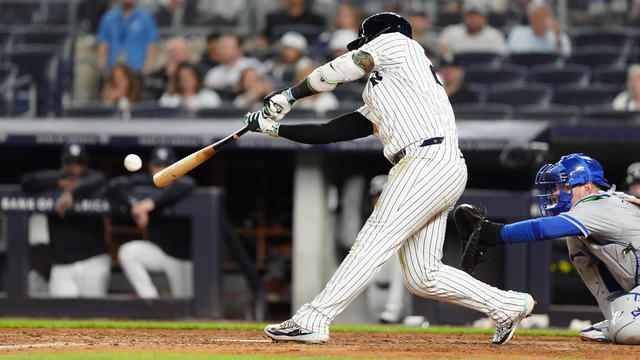 New York Yankees Second Baseman Gleyber Torres (25) hits a single during the sixth inning of the Major League Baseball game between the Kansas City Royals and the New York Yankees on September 10, 2024, at Yankee Stadium in the Bronx, NY. 