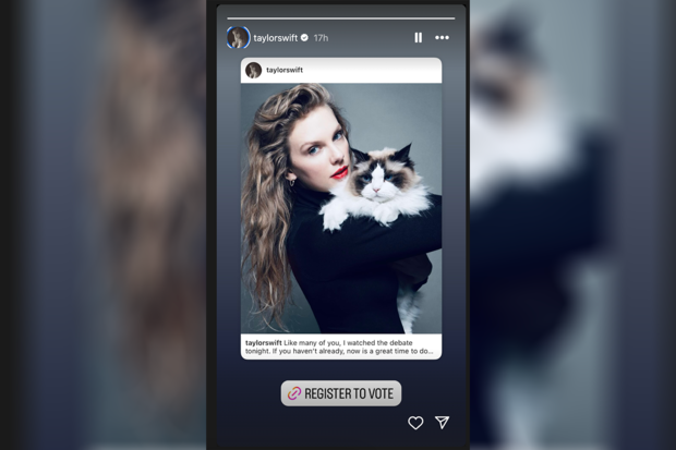 Taylor Swift's Instagram story urging fans to register to vote on Tuesday, Sept. 10, 2024. 