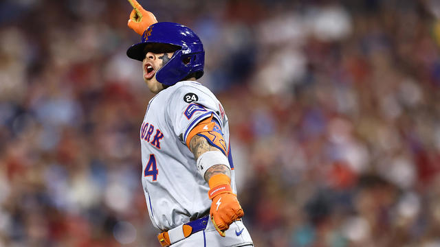 Francisco Alvarez #4 of the New York Mets reacts while rounding bases after hitting a three run home run during the fifth inning against the Philadelphia Phillies at Citizens Bank Park on September 13, 2024 in Philadelphia, Pennsylvania. 