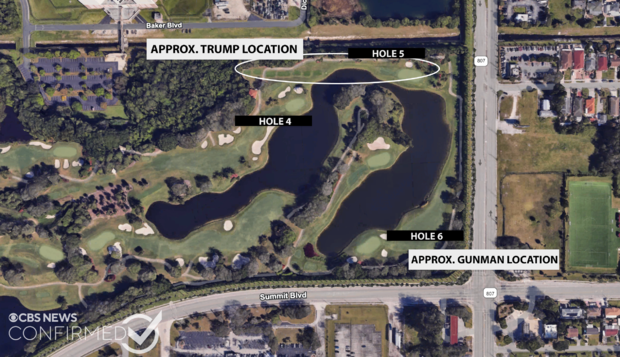 A map shows the approximate locations of former President Donald Trump and the suspect in an apparent assassination attempt at Trump International Golf Club in West Palm Beach, Florida, Sept. 15, 2024. 