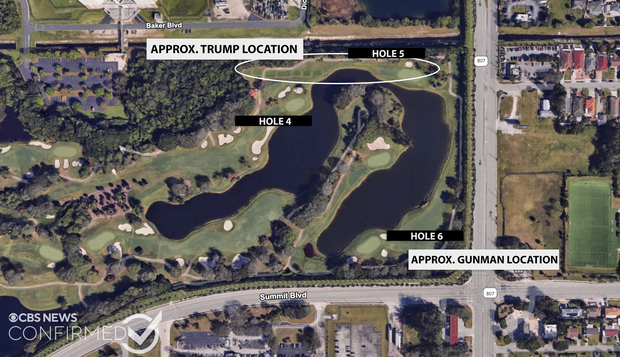 A map shows the approximate locations of former President Donald Trump and the suspect in an apparent assassination attempt at Trump International Golf Club in West Palm Beach, Florida, Sept. 15, 2024.
