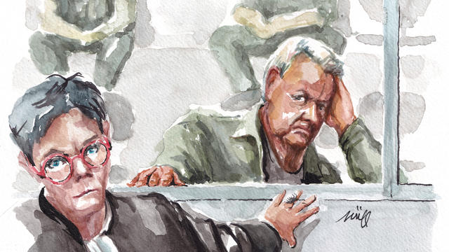 Courtroom sketch of Dominique Pelicot, who appears at the courthouse in Avignon 