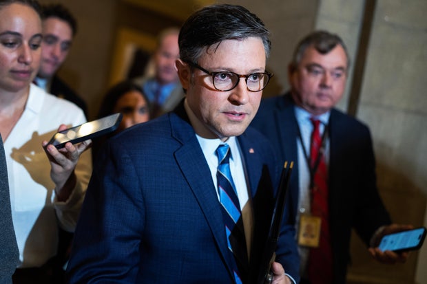 Speaker of the House Mike Johnson talks with reporters in the U.S. Capitol after the last votes of the week on Thursday, September 12, 2024.
