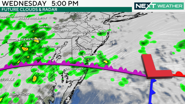 A radar map showing spots of rain around the region Wednesday at 5 p.m. 