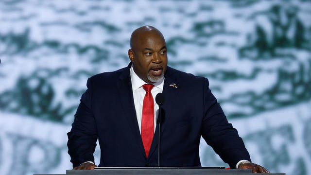 North Carolina Lt. Gov. Mark Robinson speaks on stage on the first day of the Republican National Convention at the Fiserv Forum on July 15, 2024, in Milwaukee, Wisconsin. 