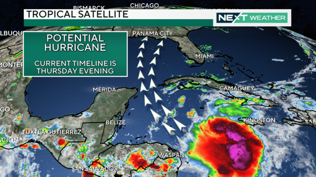 A weather map showing a potential hurricane in the Caribbean 