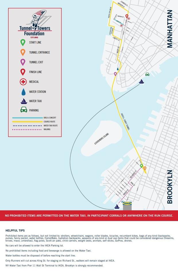 A map showing the route of the 2024 Tunnel to Towers 5K Run & Walk 