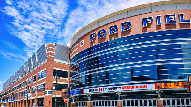 Exterior architecture of Ford Field, a sports venue in the 