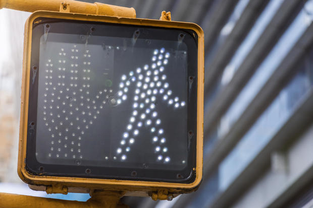 Close-up of traffic light for pedestrians. New York City, New York. 