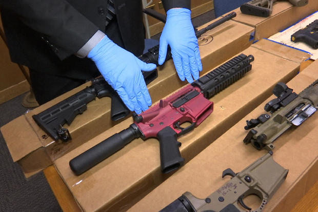 Ghost guns are displayed at the headquarters of the San Francisco Police Department on Nov. 27, 2019. 