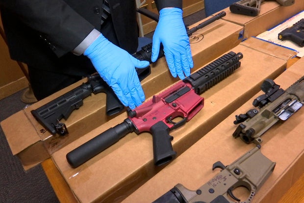 Ghost guns are displayed at the headquarters of the San Francisco Police Department on Nov. 27, 2019.